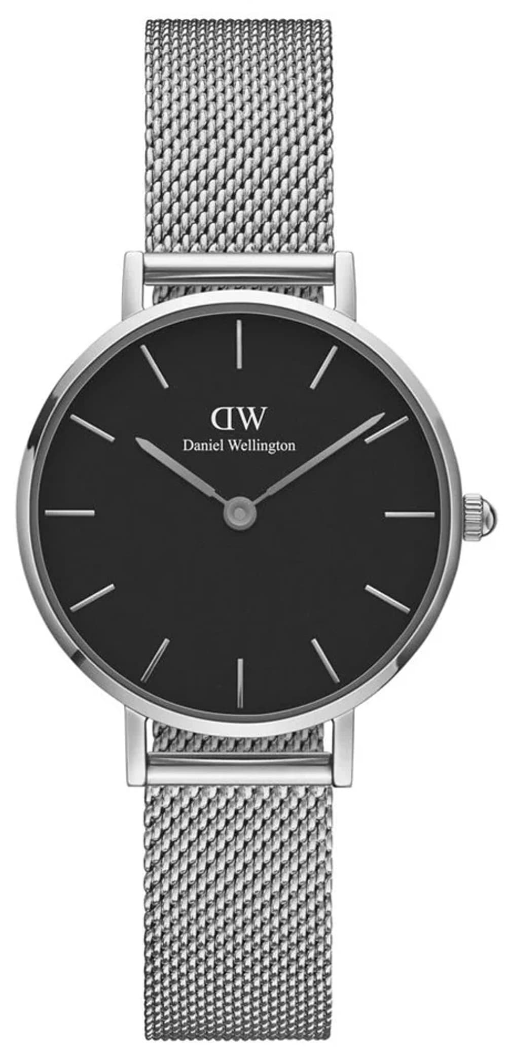Montre Femme Daniel Wellington Classic Petite DW00100218, Cadran Noir 28 mm, Bracelet Milanese Argent