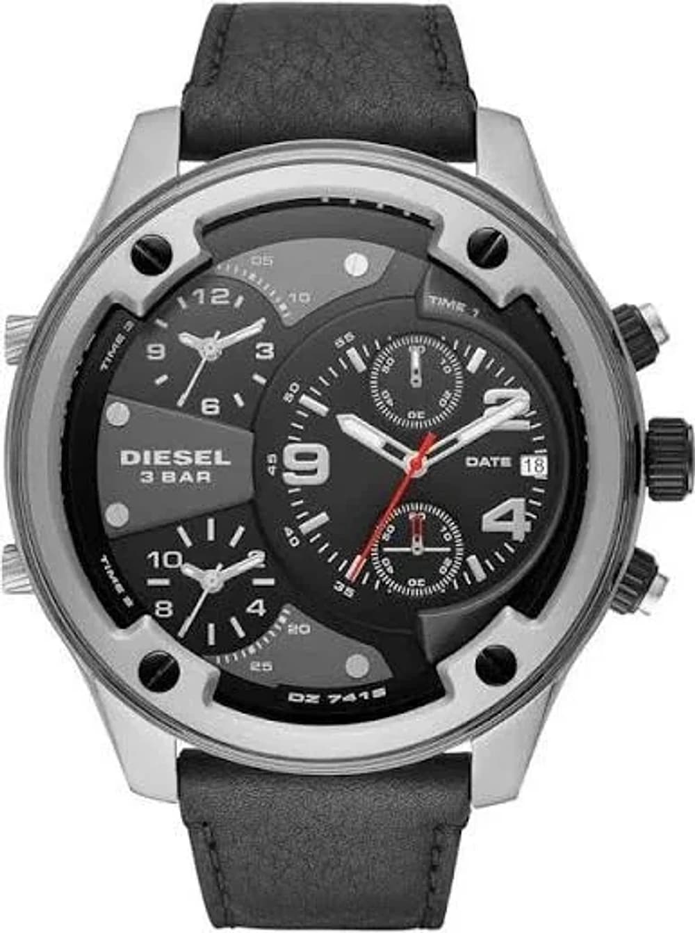 Montre Diesel DZ7415 Boltdown Multi-Cadrans pour Homme, Boîtier Argent, Cadran Noir, Bracelet Cuir Noir