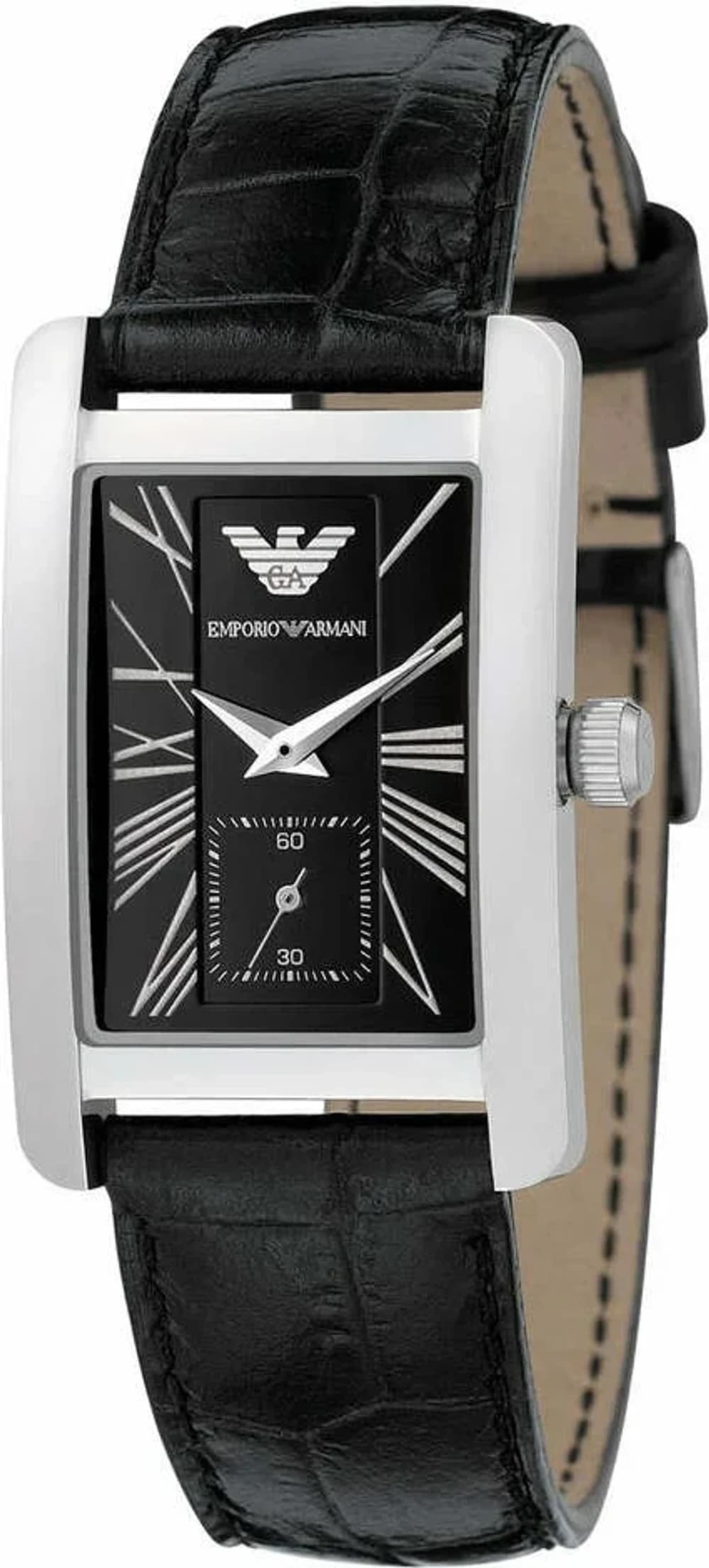 Montre Femme Emporio Armani AR0144 - Boîtier Rectangulaire Argent, Cadran et Bracelet Cuir Noir