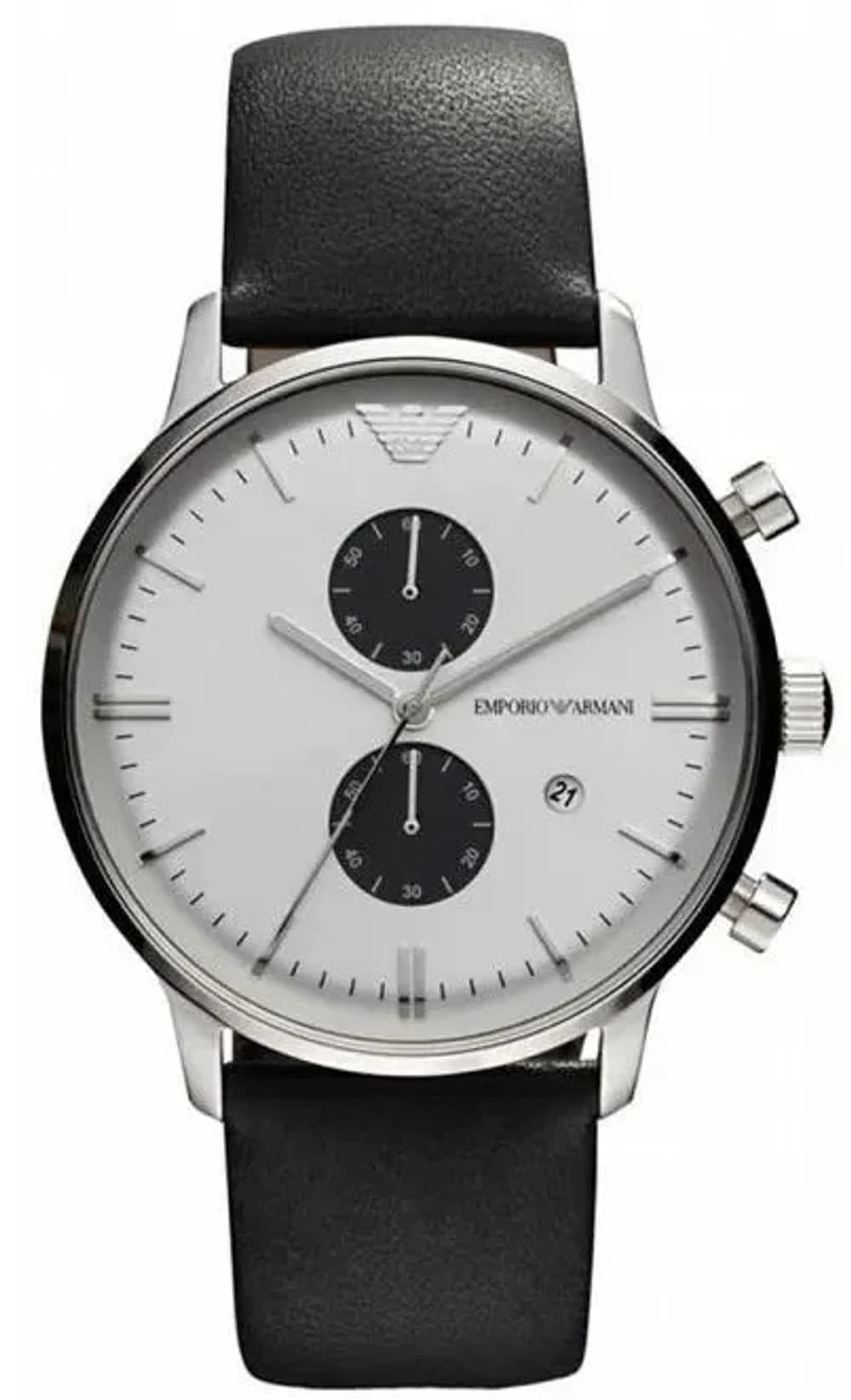 Montre Homme Emporio Armani AR0385 Chronographe New Retro - Boîtier Acier, Cadran Blanc, Bracelet Cuir Noir