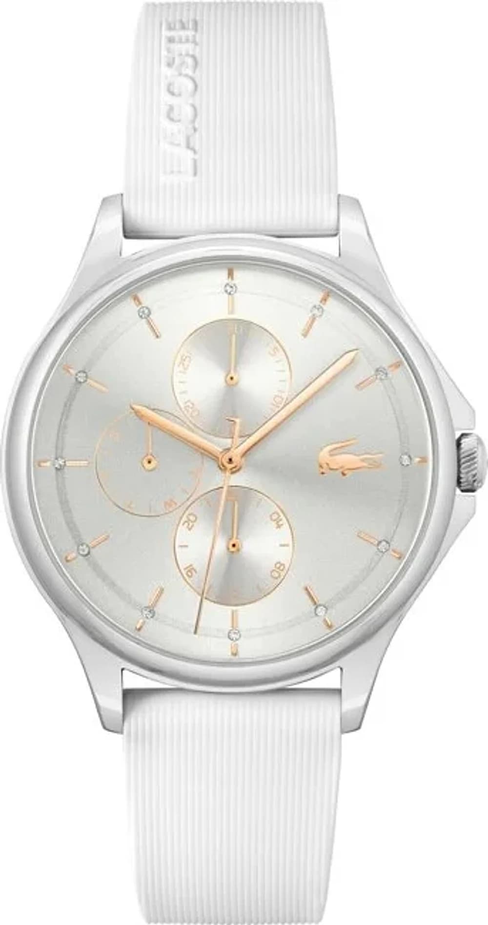Garde-temps Lacoste 2001235 pour femme, cadran argent multifonctions sur silicone blanc
