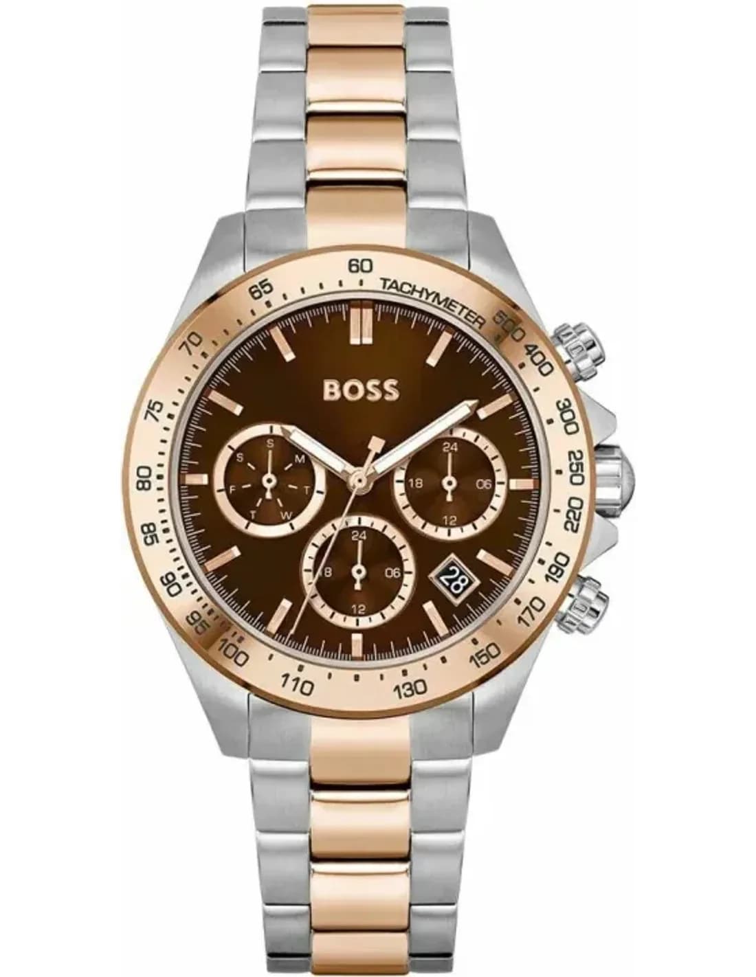 Montre Hugo Boss Sport Lux 1502617 Femme - Cadran Marron Soleillé, Bracelet Acier Bicolore Argent/Or Rose