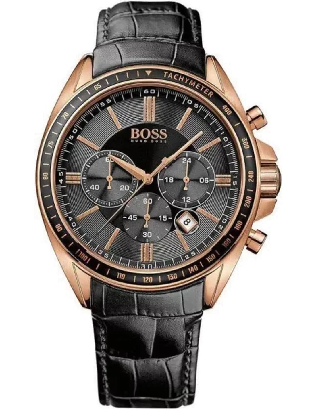 Montre Homme Hugo Boss 1513092 Cadran Noir Boîtier Or Rose Bracelet Cuir