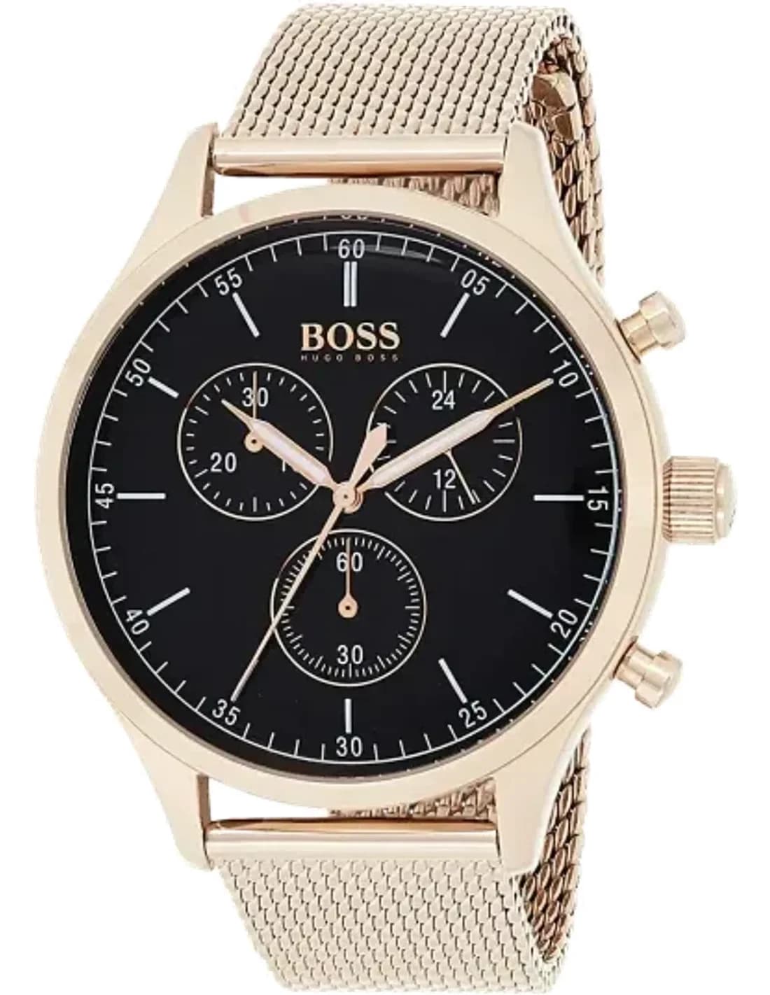 Montre Homme Hugo Boss 1513548, Boîtier Or Rose 44mm, Cadran Noir, Bracelet maille milanaise
