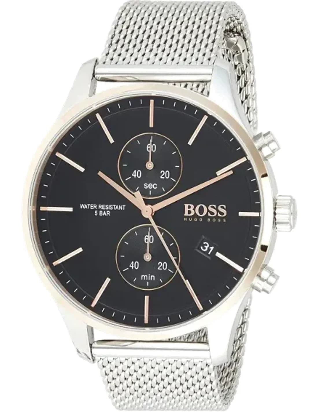 Montre Homme Hugo Boss Associate 1513805, Cadran Noir, Boîtier Argent, Bracelet maille milanaise