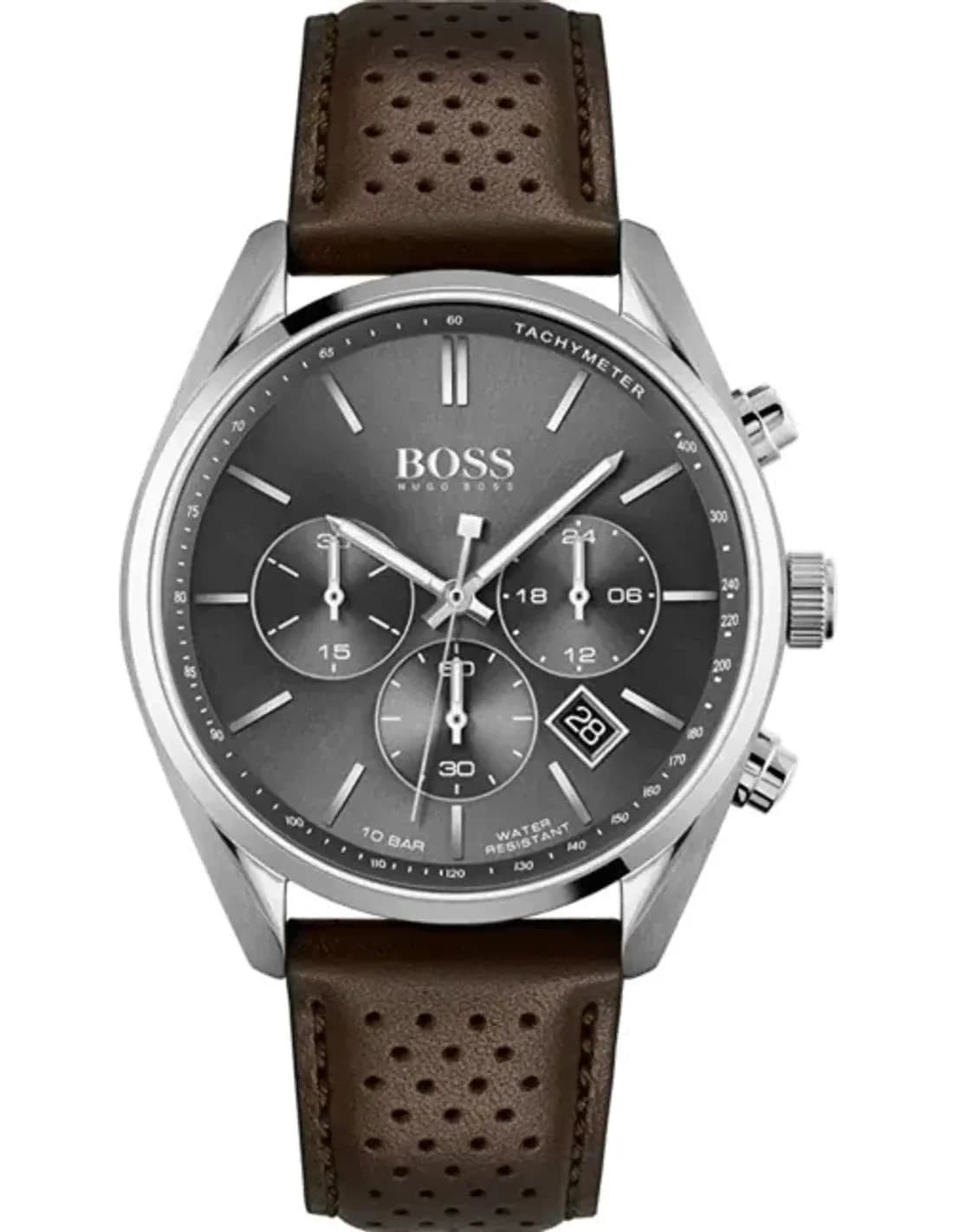 Montre Homme Hugo Boss Champion 1513815, Cadran Gris 44mm, Bracelet Cuir Perforé Marron