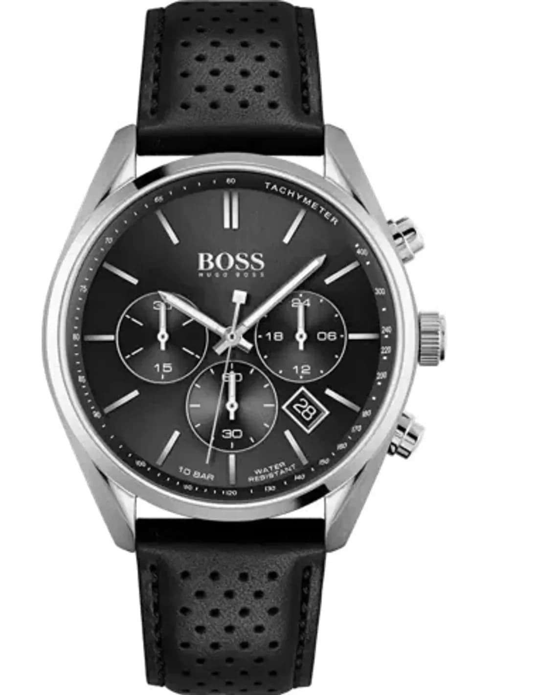 Montre Hugo Boss Champion 1513816 pour Homme - Boîtier Acier, Cadran Noir, Bracelet Cuir Perforé Noir