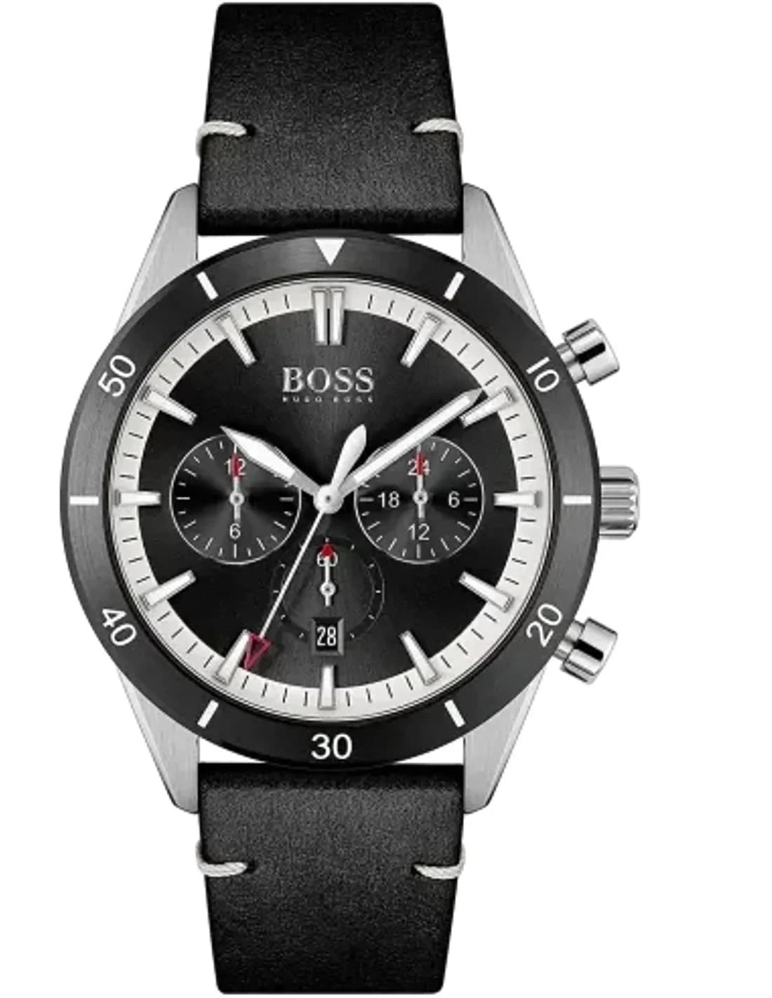 Montre Homme Hugo Boss Santiago 1513864, Boîtier Acier 44mm, Cadran Noir Chronographe, Bracelet Cuir