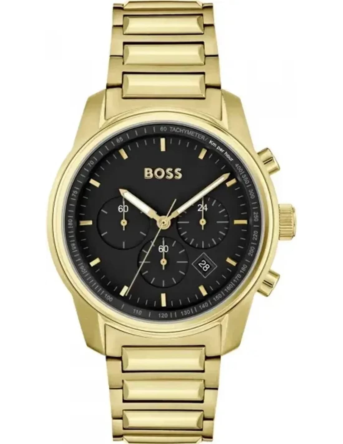 Montre Homme Hugo Boss Trace 1514006, Boîtier et Bracelet Acier Doré, Cadran Noir Multifonction