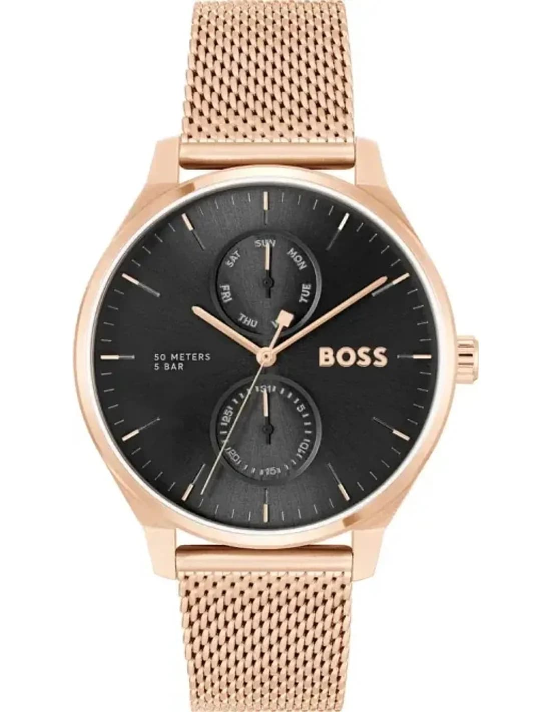 Montre Homme Hugo Boss 1514104 Tyler - Boîtier Or Rose, Cadran Noir, Bracelet Acier maille milanaise