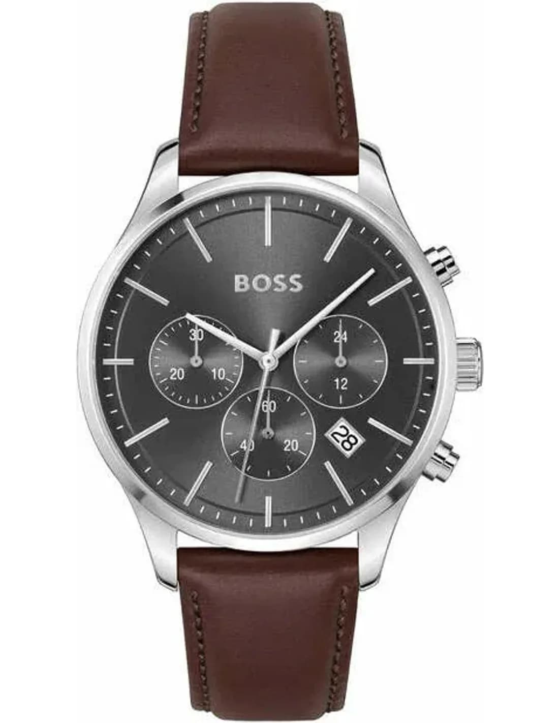 Montre Homme Hugo Boss 1514155 Quartz - Boîtier Acier 42mm, Cadran Gris Anthracite, Bracelet Cuir Marron