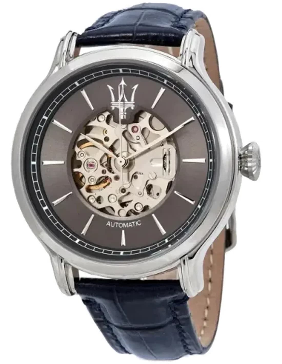 Montre automatique Maserati Epoca R8821118002 Homme - Cadran squelette gris, boîtier acier 42mm, bracelet cuir bleu