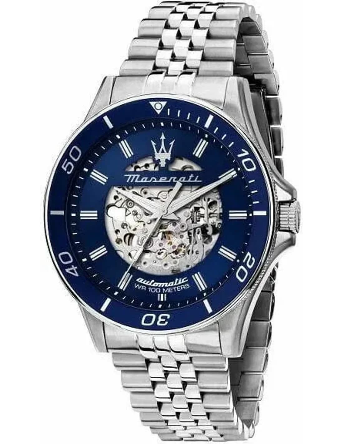 Montre Homme Maserati Automatique Squelette Acier Argenté Cadran Bleu R8823140011