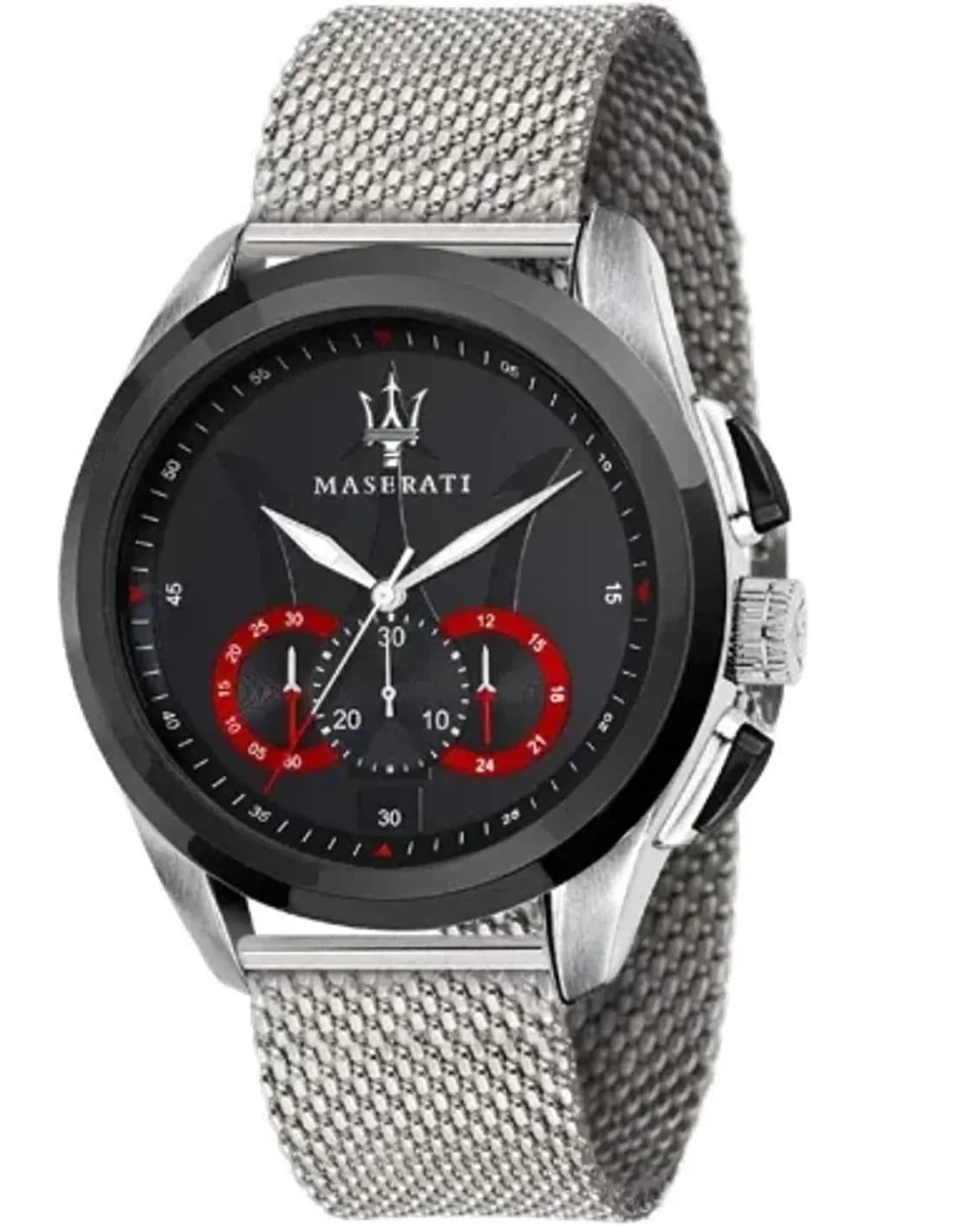 Maserati Traguardo R8873612005 - Montre Homme Chronographe Quartz, Cadran Noir, Boîtier 45mm, Bracelet maille milanaise Acier