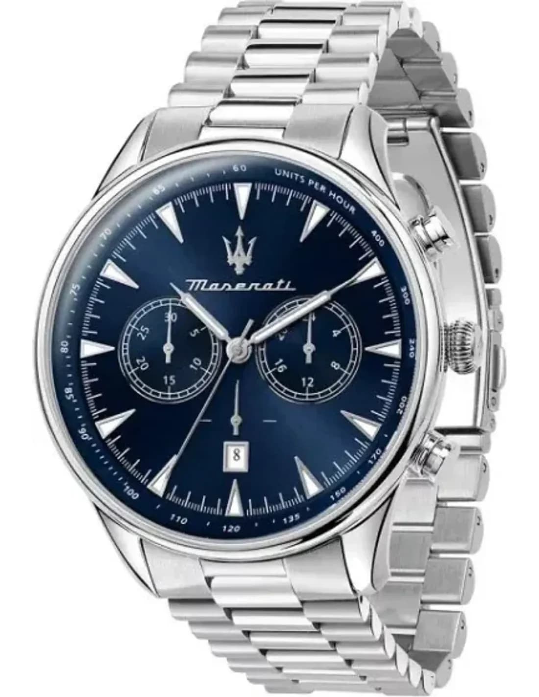 Montre Homme Maserati Chronographe Quartz - Boîtier 45mm Acier, Cadran Bleu, Bracelet Argent - Réf. R8873646005