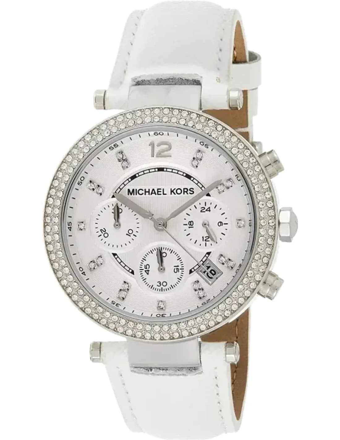 Montre Femme Michael Kors MK2277 - Cadran Blanc, Bracelet Cuir Blanc, Lunette Cristaux