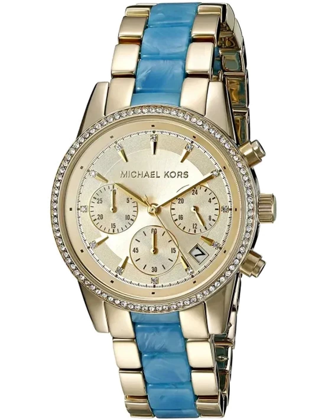 Montre Michael Kors Ritz MK6328 pour Femme, Cadran Doré et Bracelet Acier Bleu
