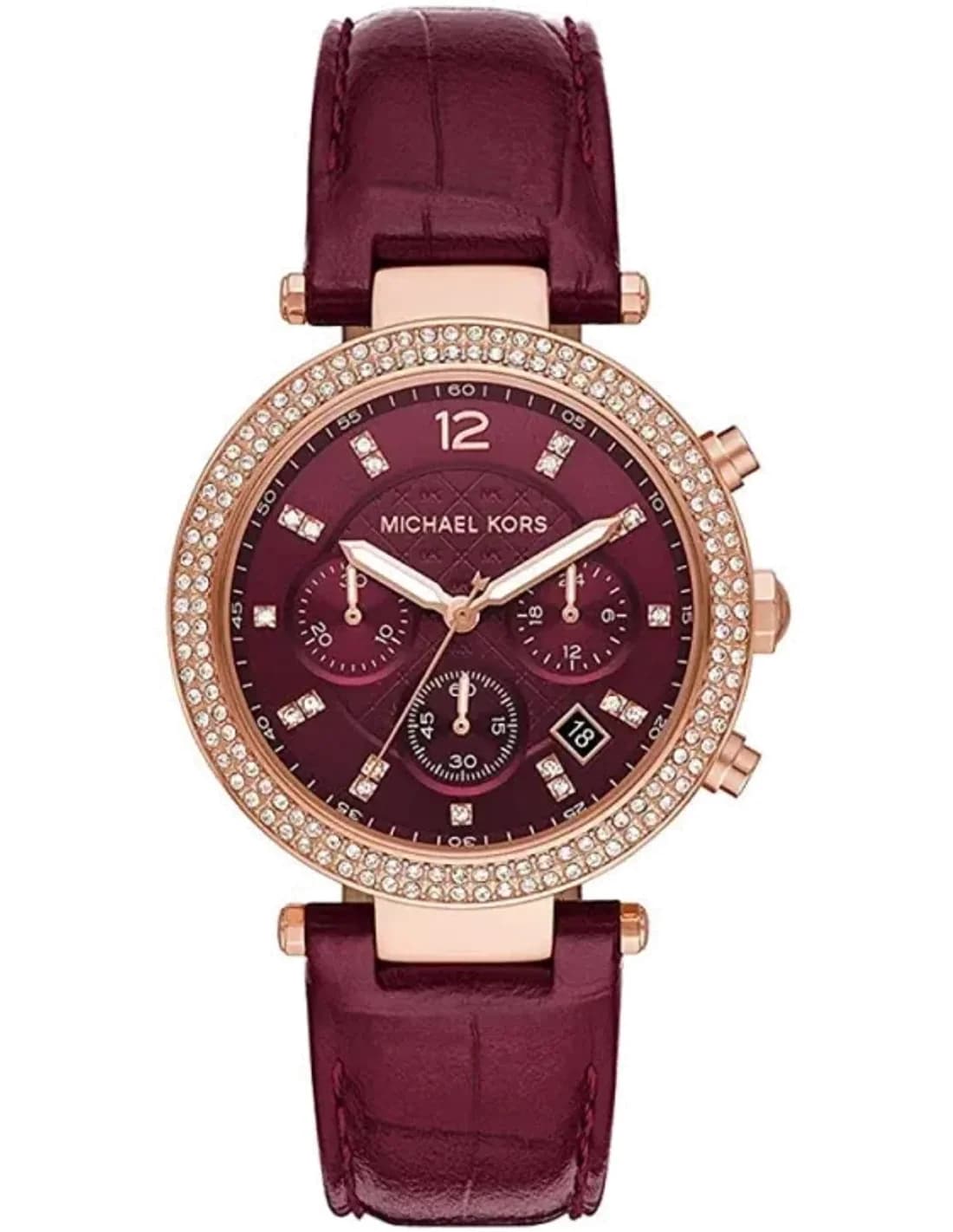 Montre Femme Michael Kors Parker MK6986 en or, cadran rouge et bracelet cuir bordeaux