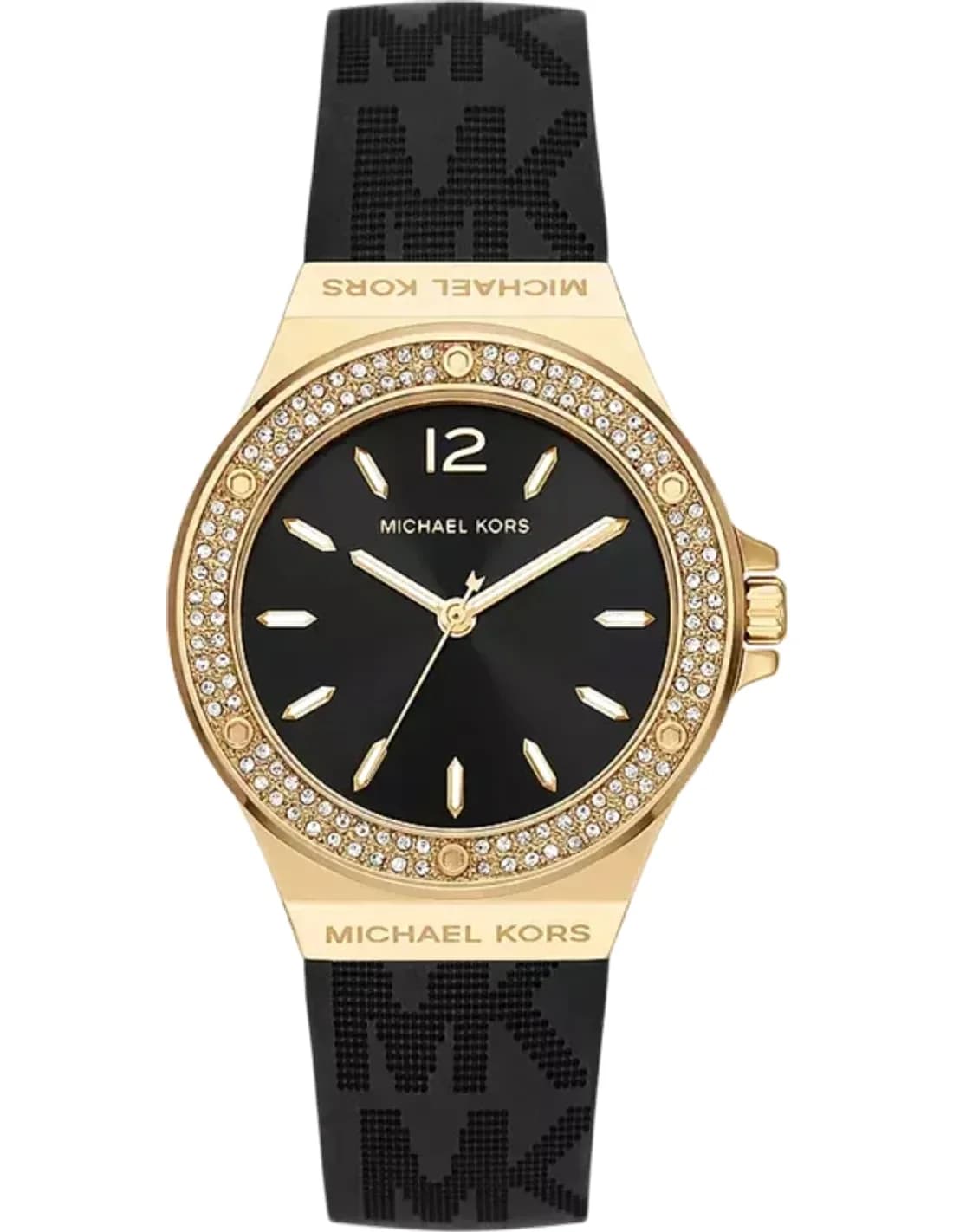 Montre Michael Kors MK7281 Mini-Lennox pour femme, boîtier or et cadran noir, bracelet silicone noir