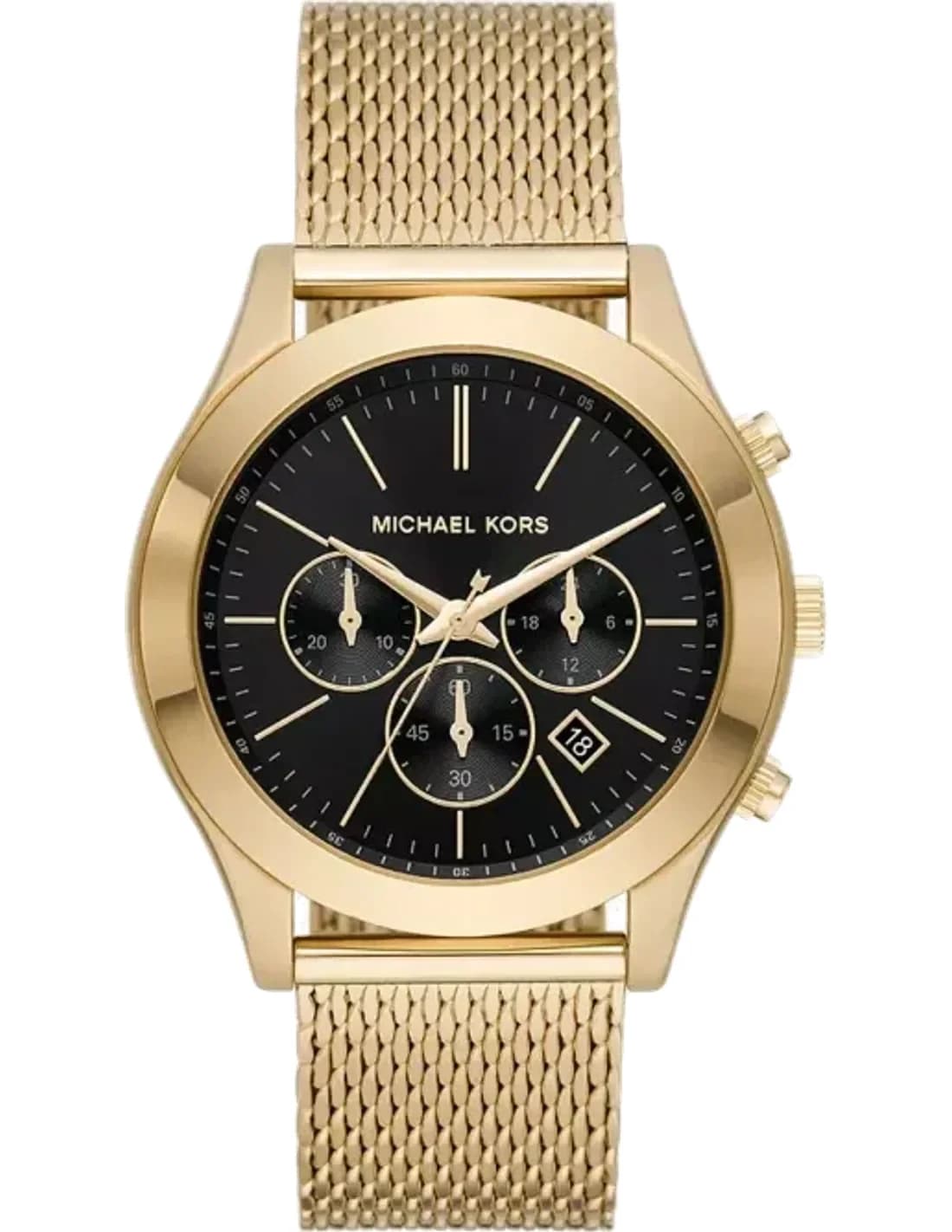 Montre Michael Kors Runway MK9057 chronographe à cadran noir et bracelet en maille dorée