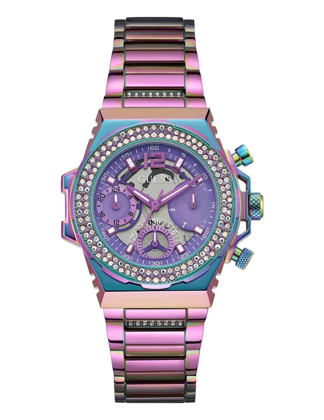 Garde-temps Guess GW0552L4 pour femme, cadran violet irisé et bracelet acier maillons