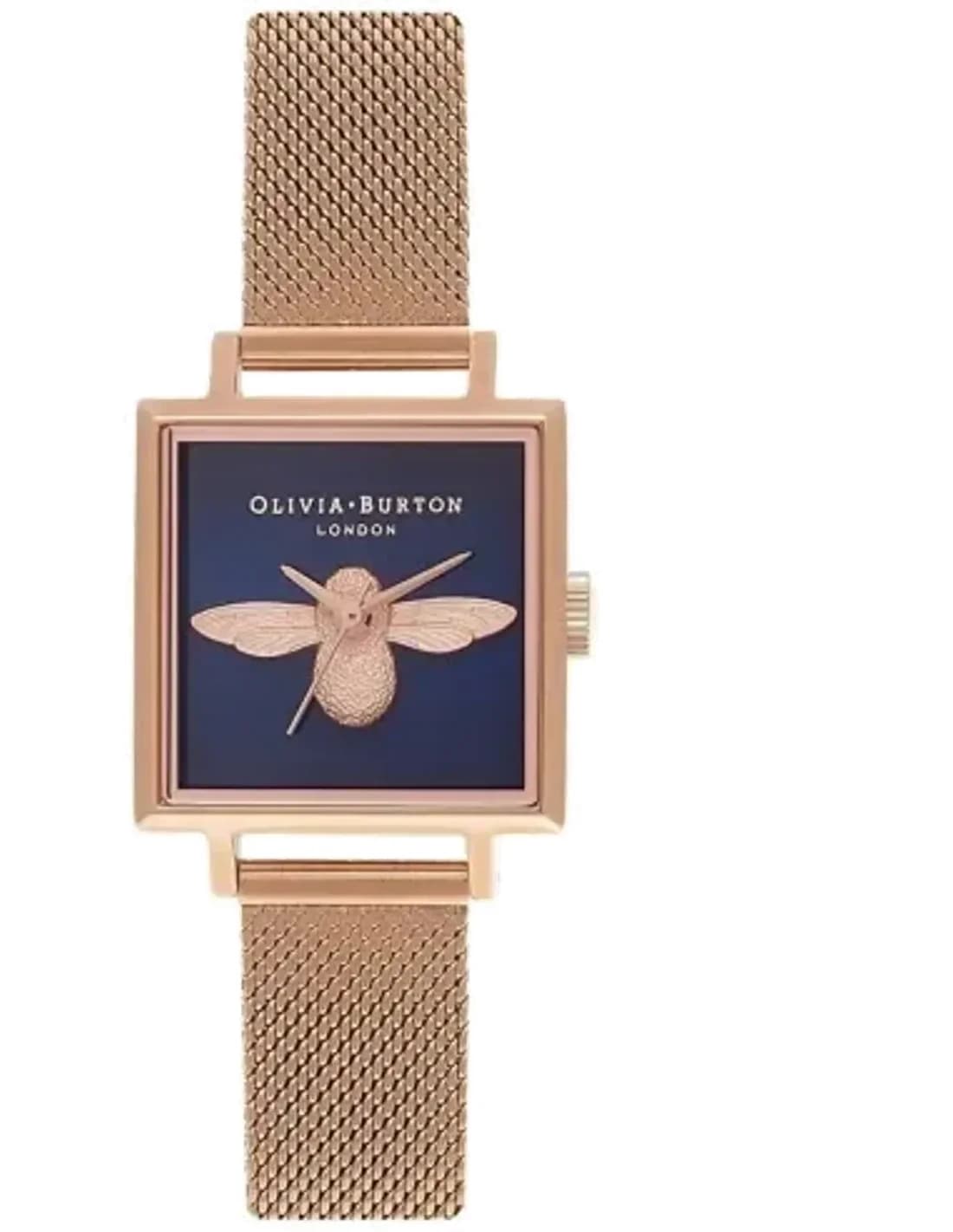 Montre Femme Olivia Burton OB16AM96 Abeille 3D, Cadran Carré Noir et Bracelet maille milanaise Or Rose