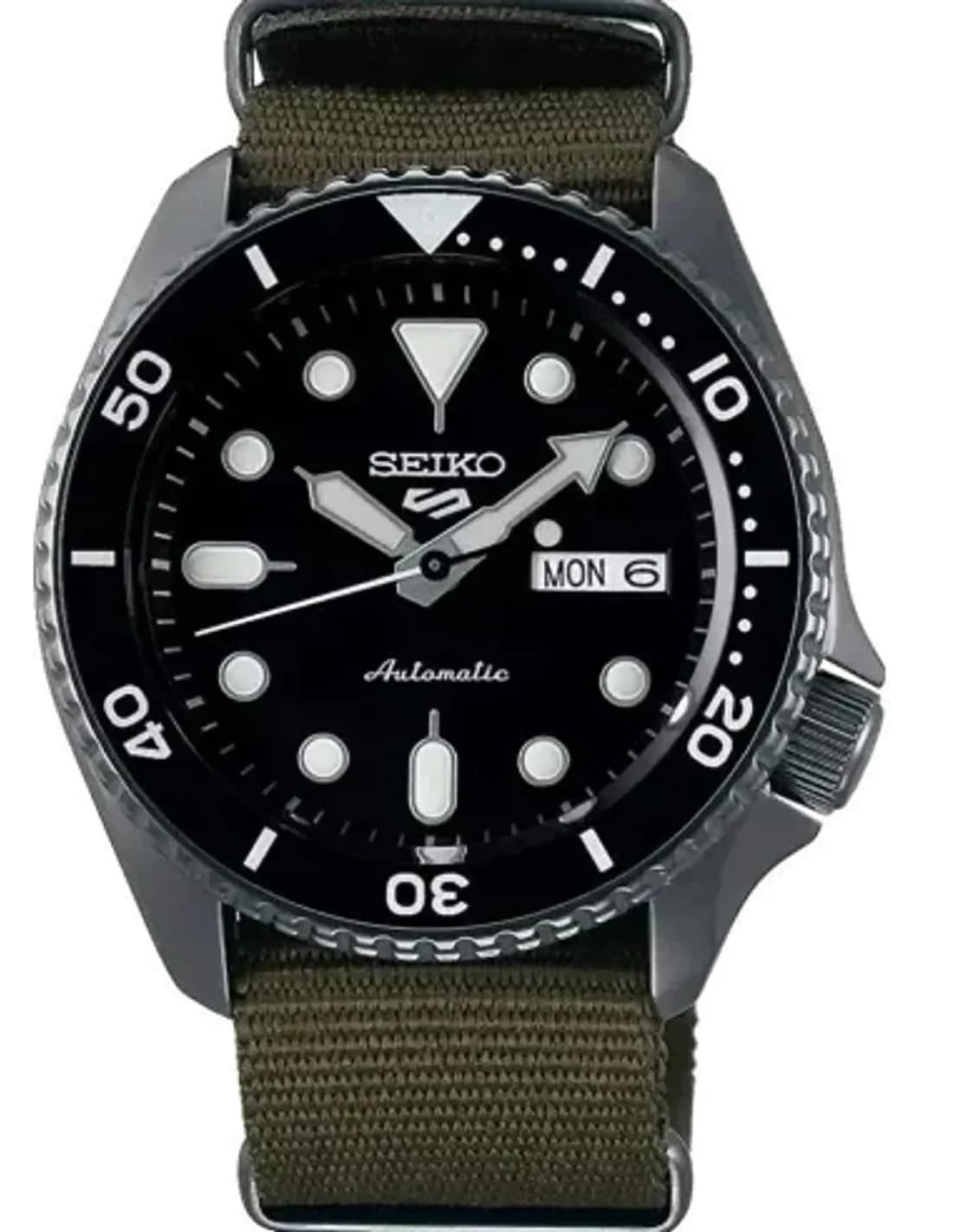Montre Seiko 5 SRPD65K4 Automatique Homme - Boîtier Nylon Noir, Cadran Noir, Bracelet NATO Vert