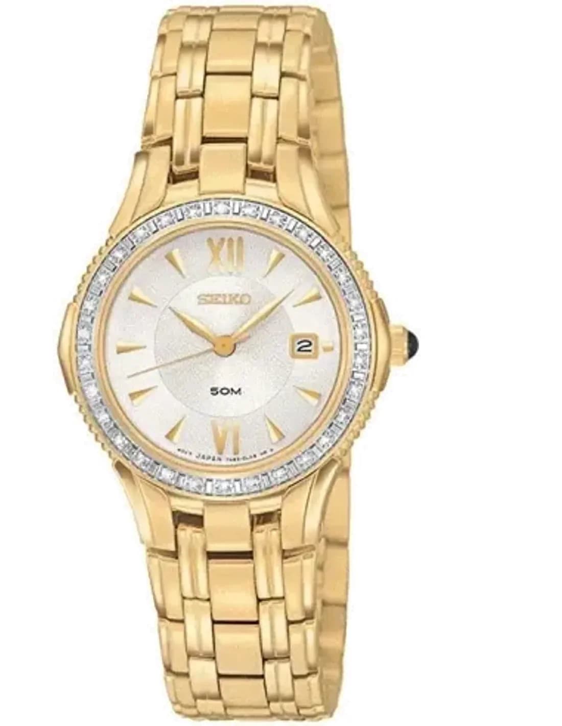 Montre Seiko SXDA86 pour Femme, Boîtier et Bracelet Or Acier, Cadran Argent Diamants