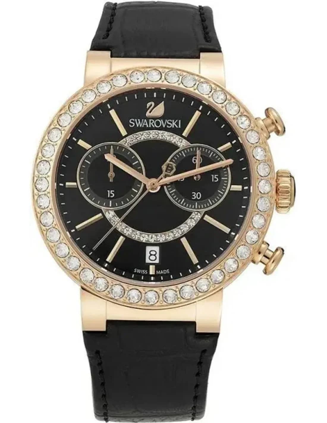 Montre Femme Swarovski Citra Sphere Chrono 5055209 - Boîtier Or Rose, Cadran et Bracelet Cuir Noir