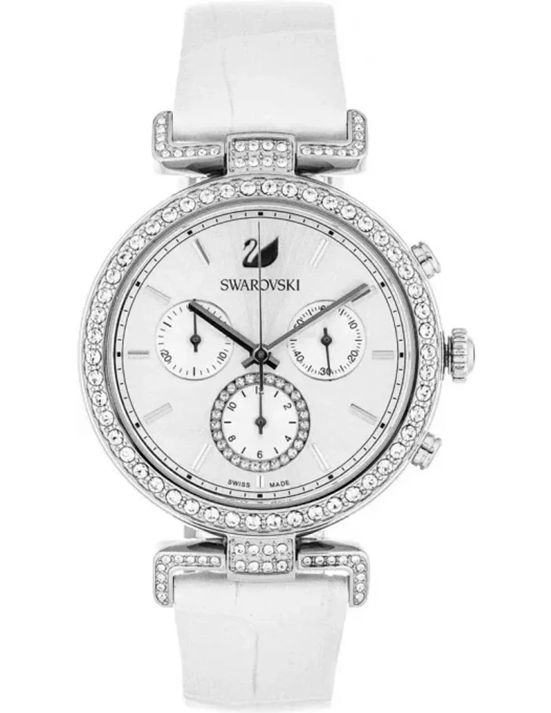 Montre Femme Swarovski 5295346 Chronographe Cadran Blanc Cristaux Bracelet Cuir Blanc