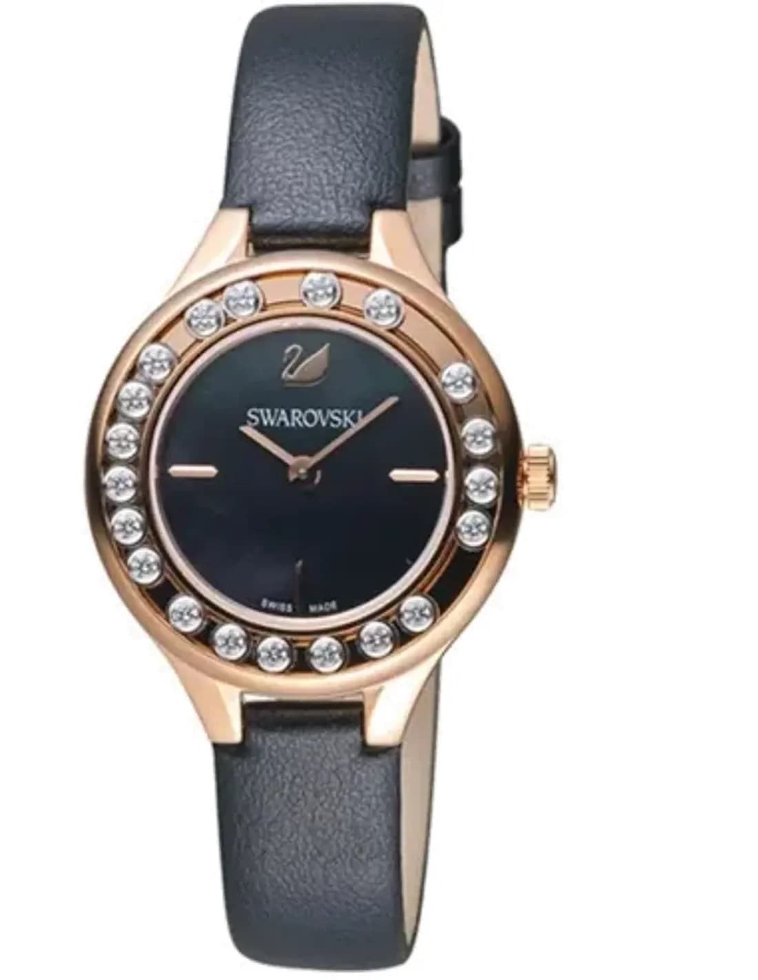 Montre Femme Swarovski Lovely Crystal 5301877, Cadran Noir, Boîtier Or Rose, Bracelet Cuir Noir