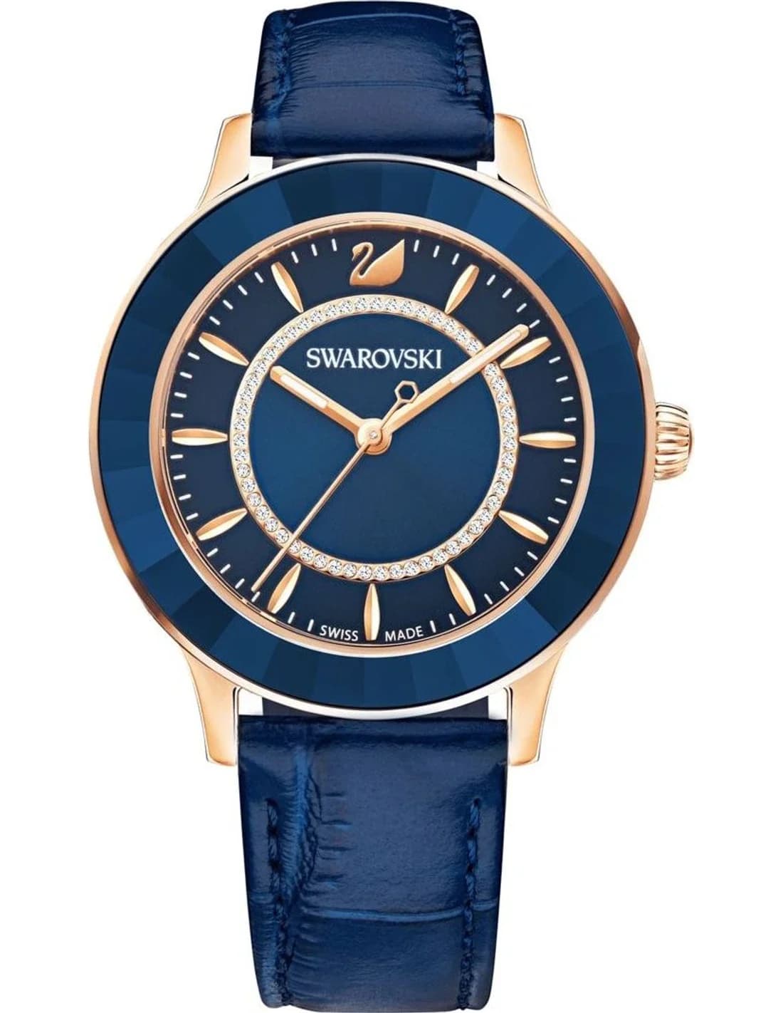 Montre Swarovski Octea Lux 5414413 pour femme, cadran et bracelet cuir bleu, boîtier or rose