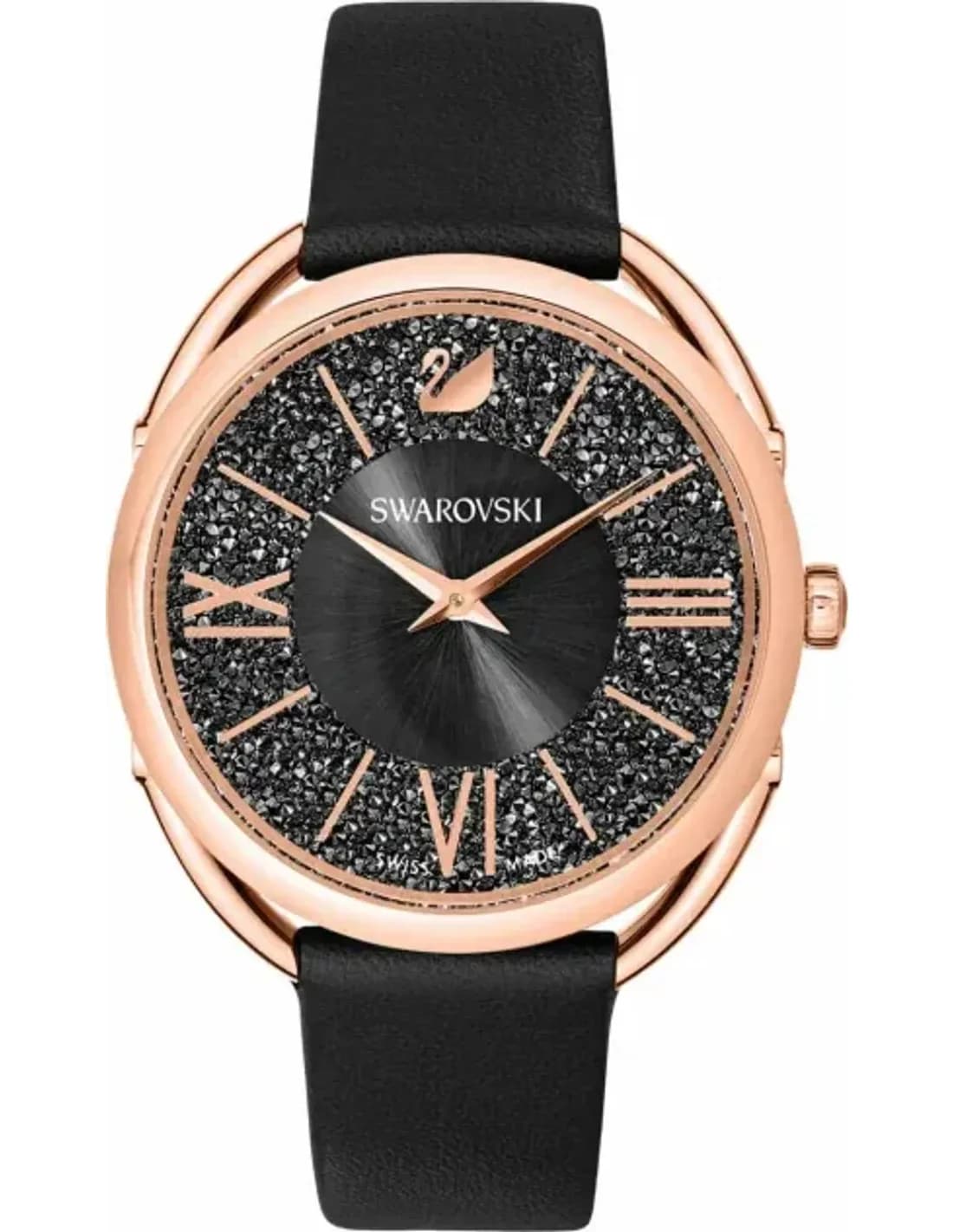 Montre Femme Swarovski Crystalline Glam 5452452 - Cadran Noir, Boîtier Or Rose, Bracelet Cuir