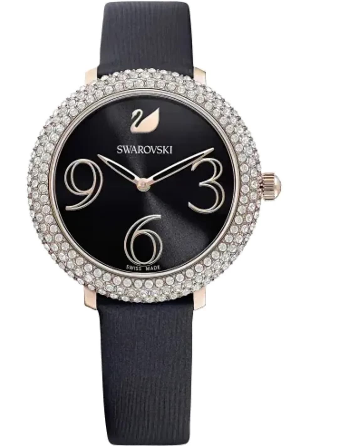 Montre Femme Swarovski Crystal Frost 5484058 - Cadran noir orné de cristaux, bracelet cuir noir, boîtier or rose