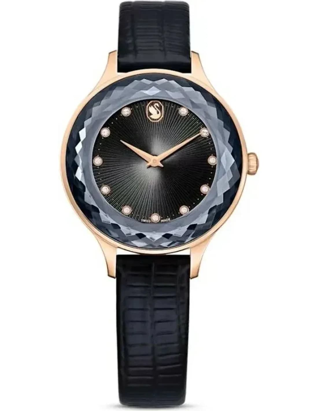 Montre Femme Swarovski Octea 5650033 - Cadran Noir, Boîtier Or Rose, Bracelet Cuir