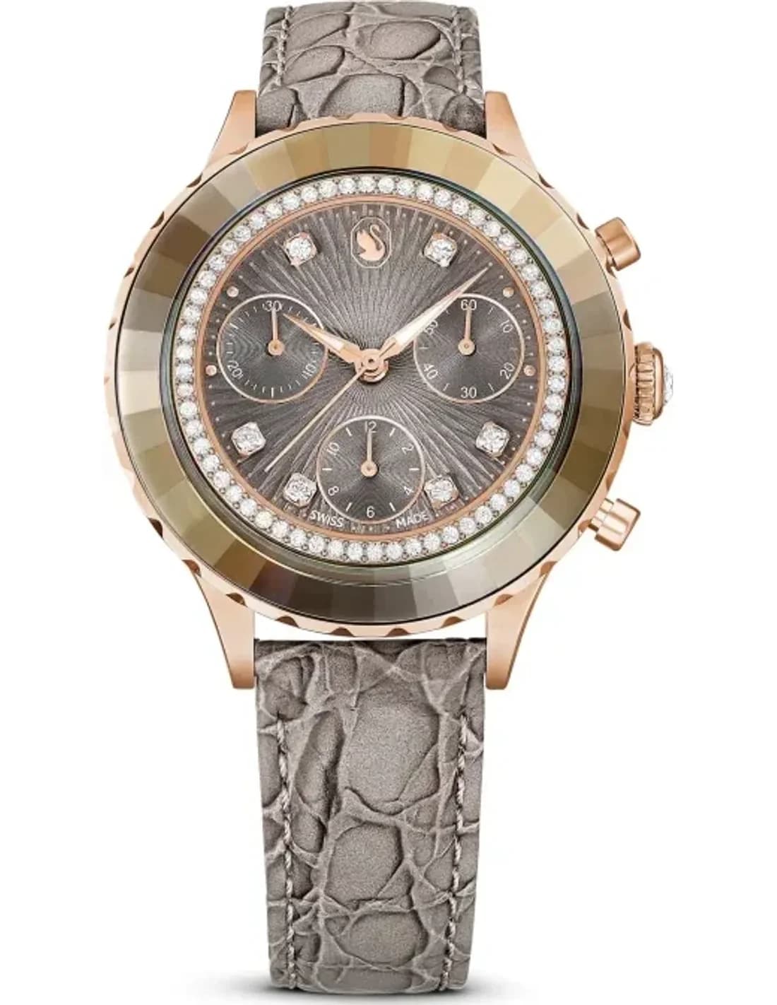 Montre Femme Swarovski Octea Lux Chrono 5671153 - Cadran Gris, Boîtier Or Rose, Bracelet Cuir
