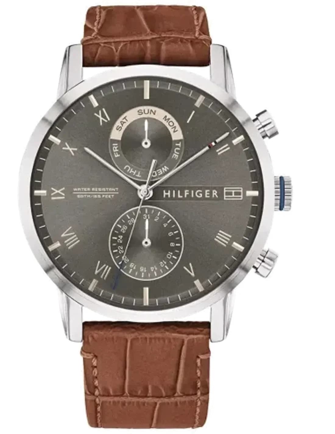 Montre Homme Tommy Hilfiger 1710398 Kane - Cadran Gris Multifonction, Bracelet Cuir Marron
