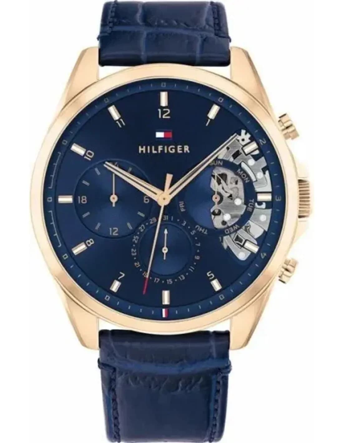 Montre Homme Tommy Hilfiger 1710451 Baker Squelette Boîtier Acier Or Rose & Bracelet Cuir Bleu
