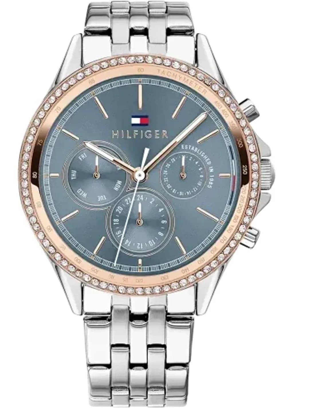 Montre Tommy Hilfiger Ari 1781976 pour femme, cadran bleu avec brillants et bracelet acier