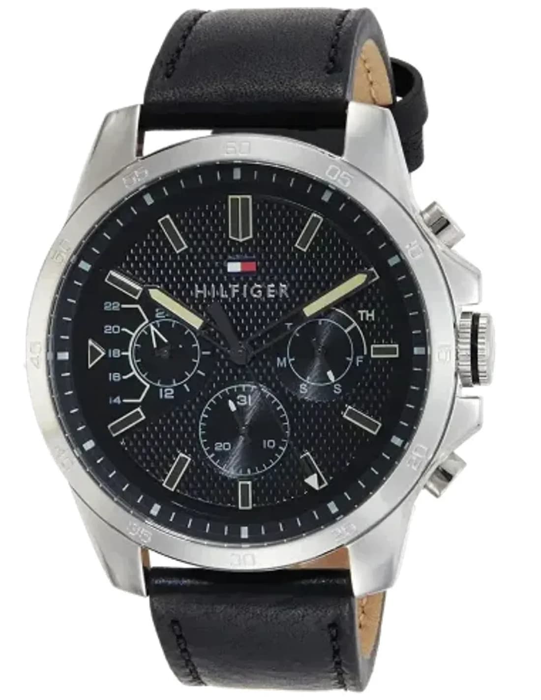 Montre Homme Tommy Hilfiger 1791563 - Cadran Bleu Soleillé, Boîtier Acier, Bracelet Cuir Noir