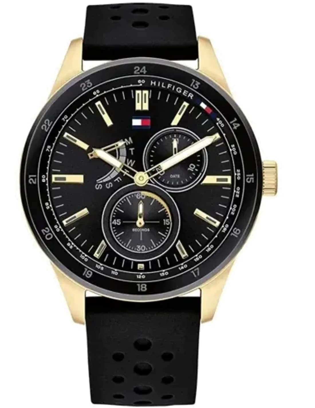 Montre Homme Tommy Hilfiger Riley 1791636 - Boîtier Or, Cadran Noir Multifonction, Bracelet Noir