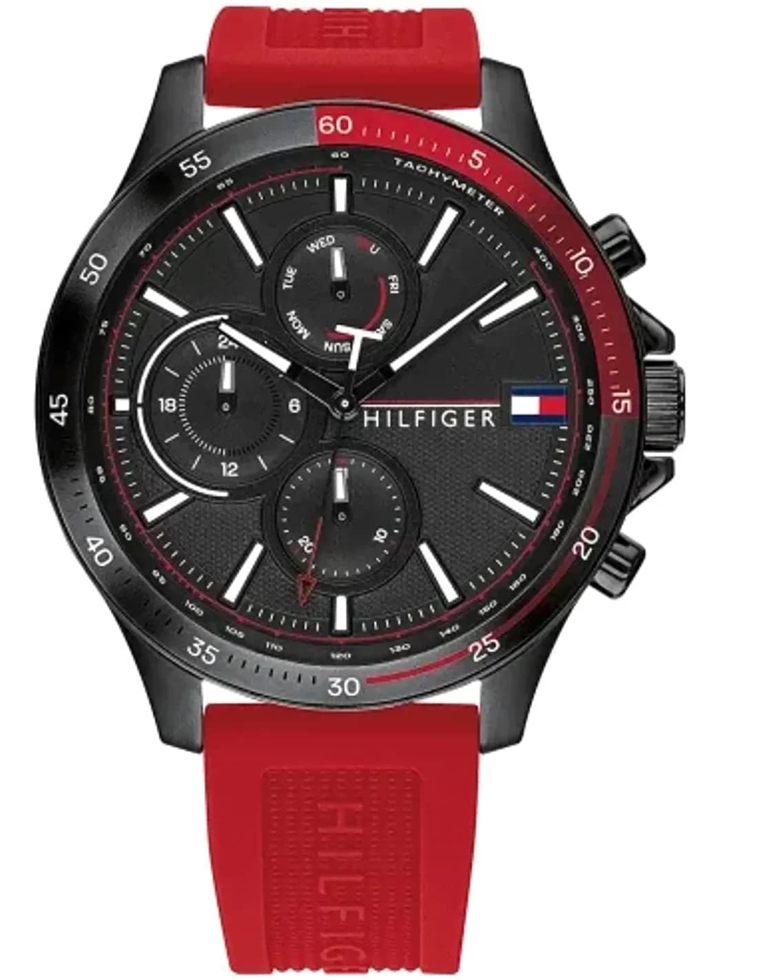 Montre Homme Tommy Hilfiger 1791722 - Boîtier Silicone Noir, Cadran Noir, Bracelet Silicone Rouge