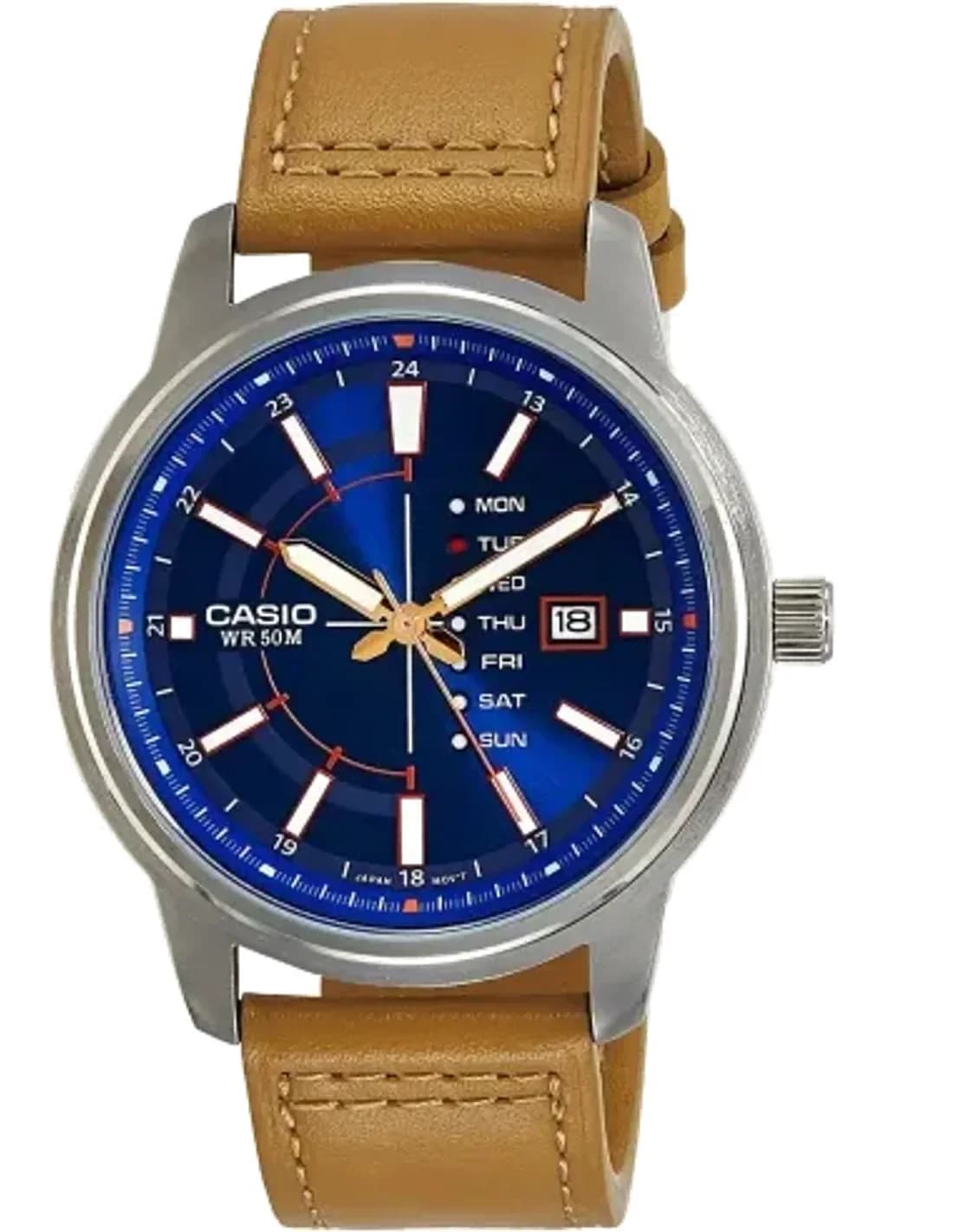 Montre Casio MTP-E128L-2A2V Cadran Bleu et Bracelet Cuir Brun