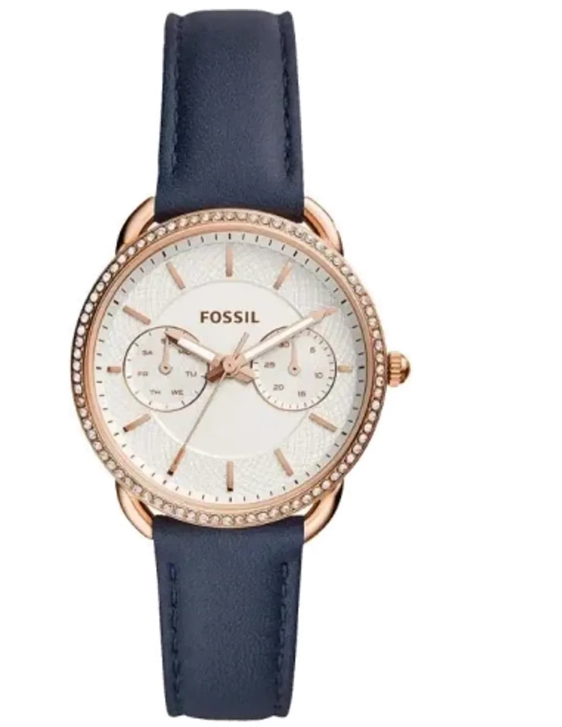 Montre Fossil ES4394 Cadran Or Rose et Bracelet en Cuir Bleu