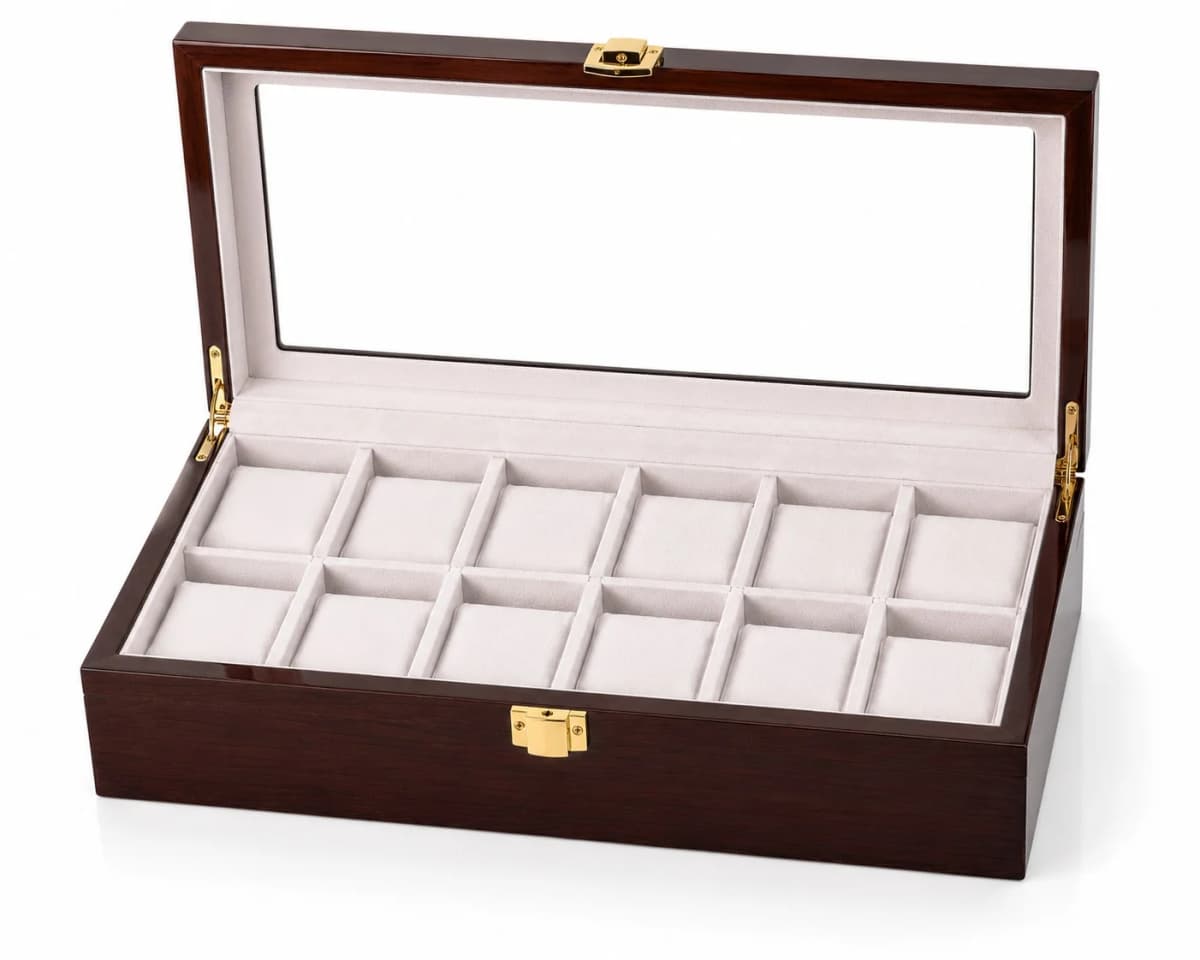 Boîte à montres Gandi marron en bois à 12 compartiments et couvercle vitré