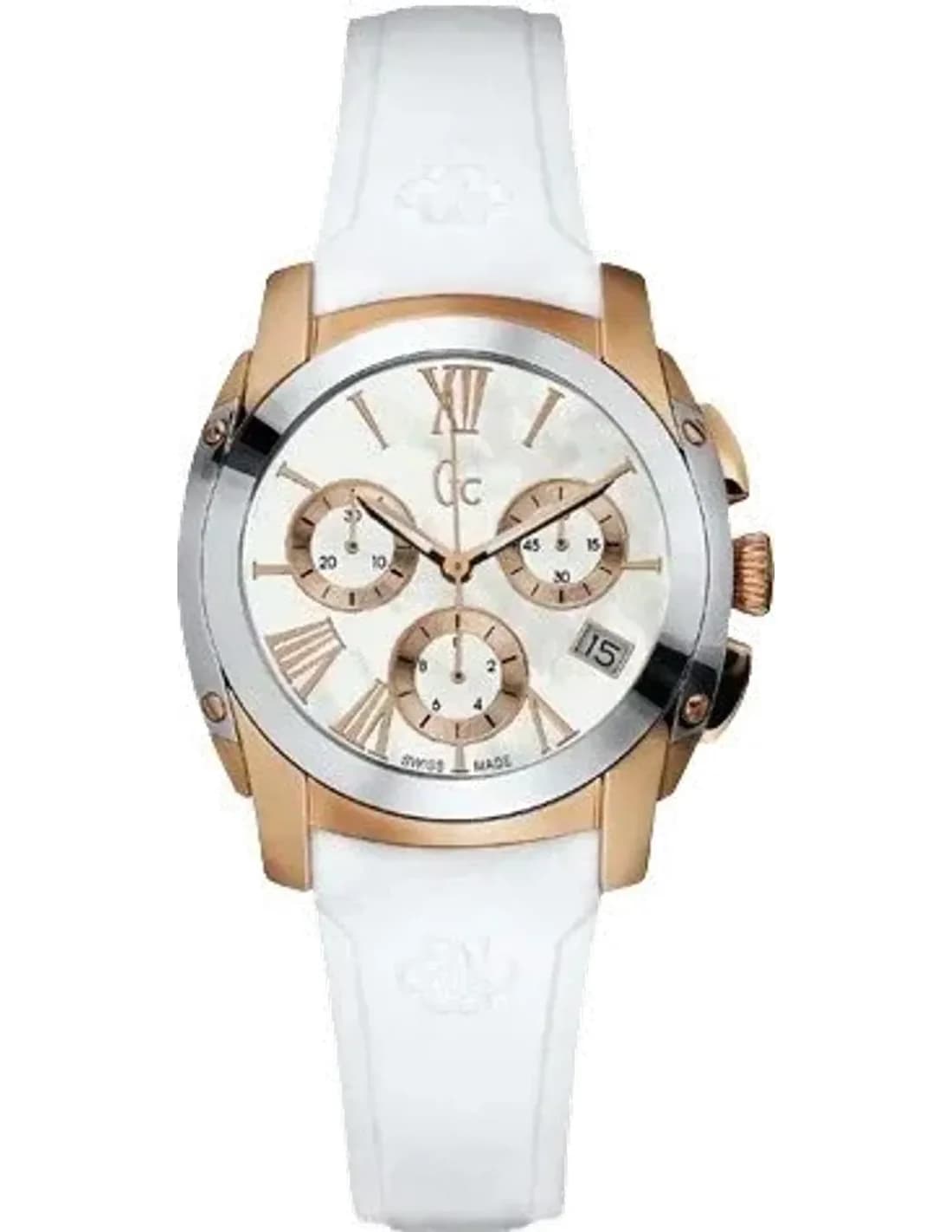 Montre Femme Guess Collection A57002M1 - Cadran blanc nacré, boîtier bicolore, bracelet silicone blanc