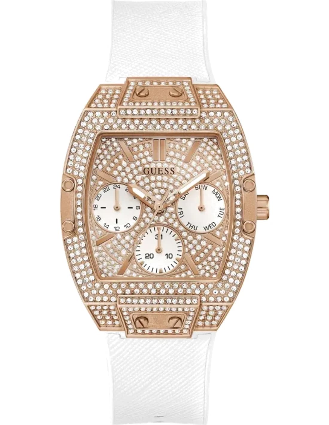 Montre Femme Guess Raven GW0105L3 bracelet silicone blanc boitier or rose orné de strass