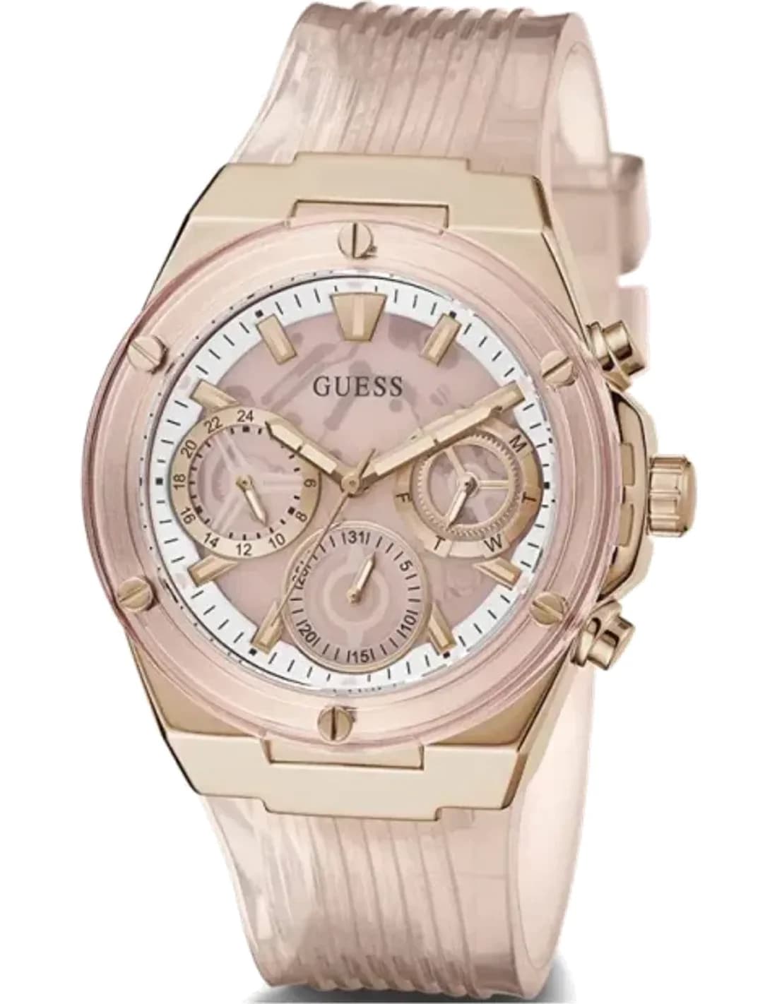 Montre Guess Athena GW0409L3 bracelet silicone rose transparent boitier acier rose