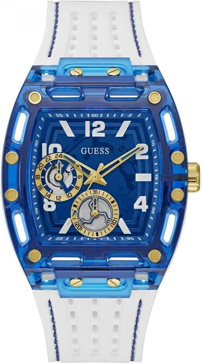 Montre Homme Guess Phoenix GW0499G6 cadran bleu bracelet silicone blanc
