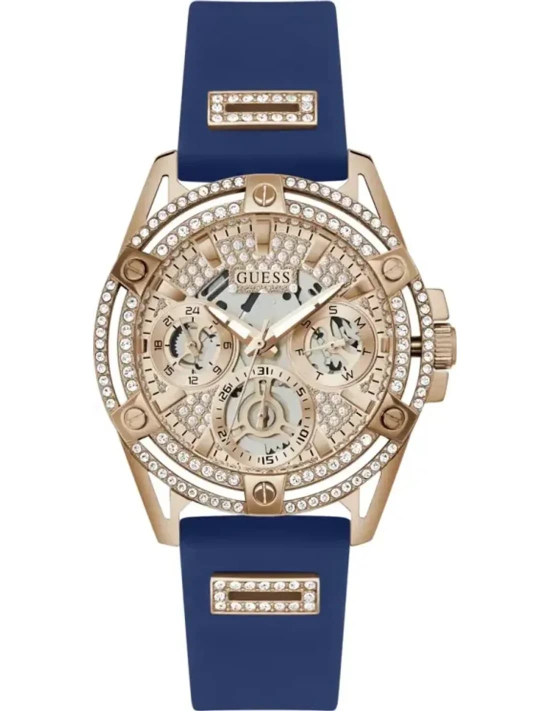 Montre Femme Guess Queen GW0536L5 bracelet silicone bleu boitier or rose orné de strass